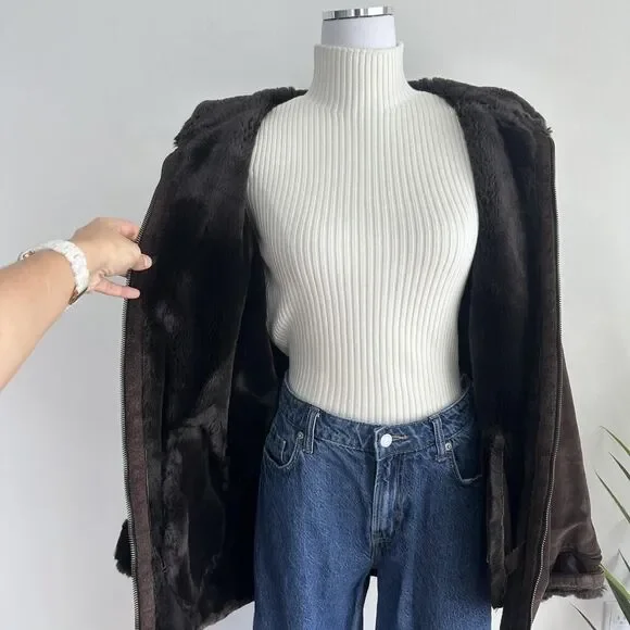 Marvin Richards Jacket Womens XL Brown Suede Leather Faux Fur Lined Hooded
